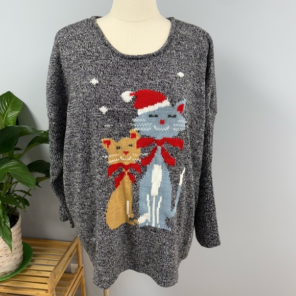 Woman Within Christmas Cats Sweater Plus 3X 30/32W Charcoal Gray Knit Cat Lady - Picture 10 of 10